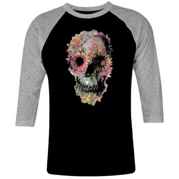 1 I 217 Skull Head raglan t shirt 3 4 sleeve rock band metal retro punk vintage concert cotton design handmade logo new