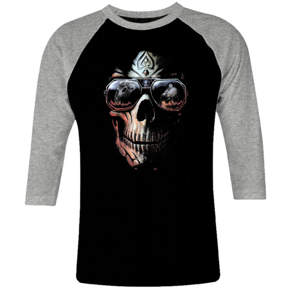1 I 220 Skull Head raglan t shirt 3 4 sleeve rock band metal retro punk vintage concert cotton design handmade logo new