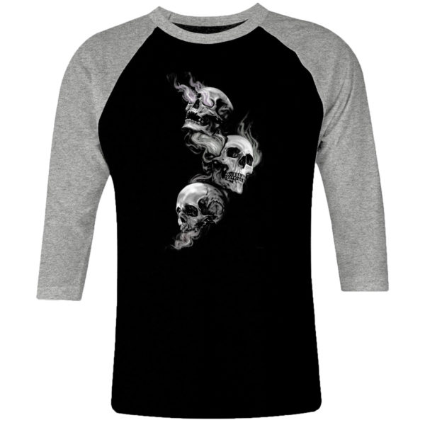 1 I 221 Skull Head raglan t shirt 3 4 sleeve rock band metal retro punk vintage concert cotton design handmade logo new